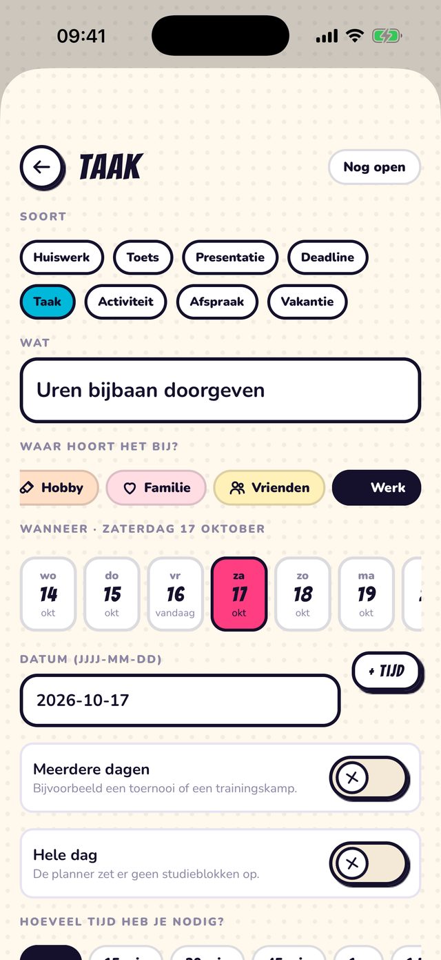 Een taak bewerken: gebied, datum, tijd en stappen
