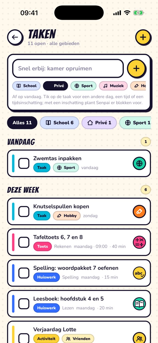 De takenlijst met taken voor sport, hobby, school en vrienden